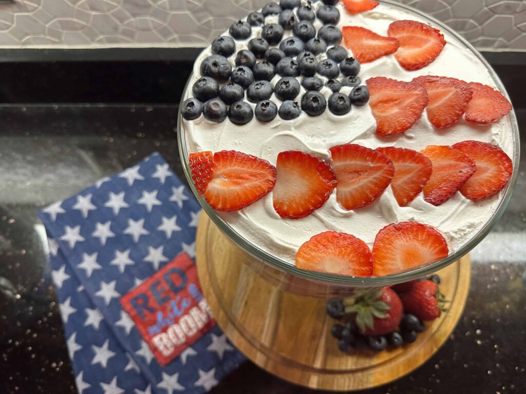 Trifle dessert with patriotic flag design on top.