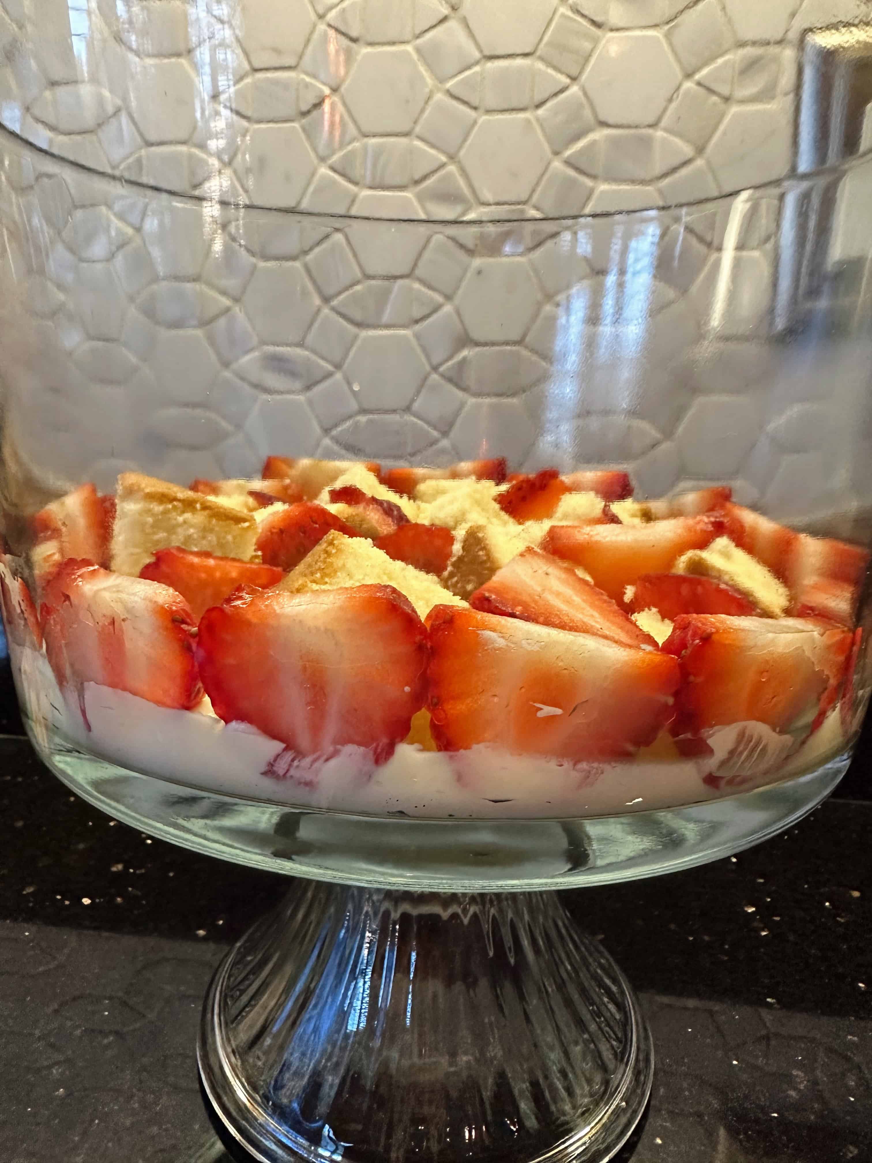 Trifle glass rimmed with strawberries