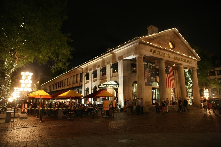 Quincy market at night in Boston