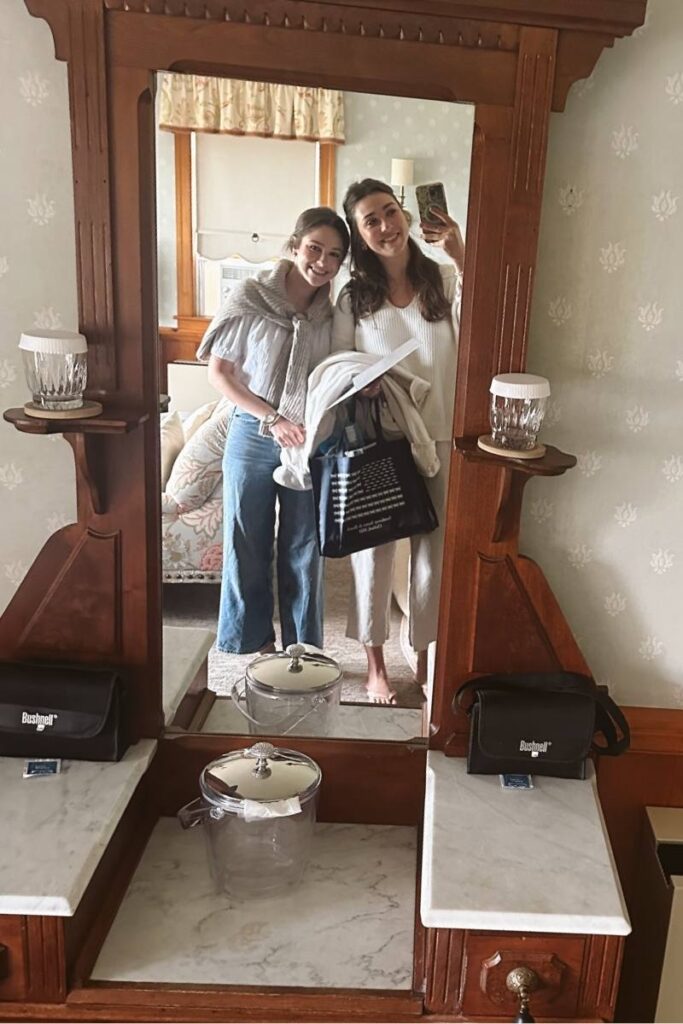 My sister Camille and Ava in the mirror