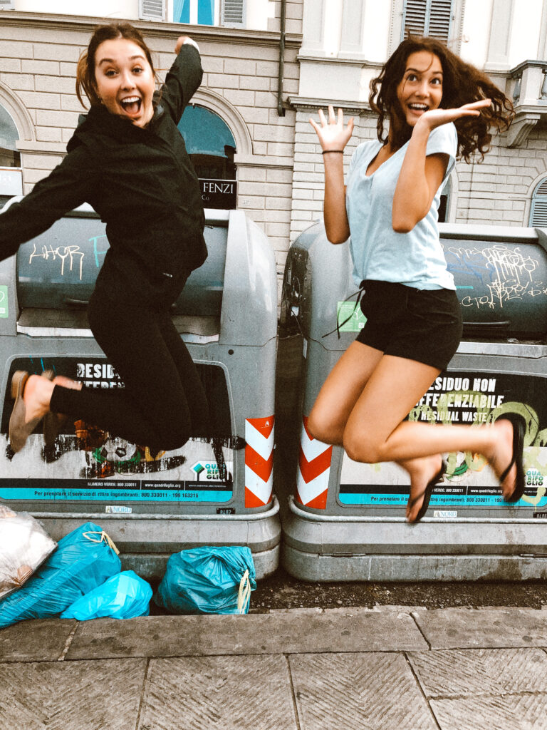 Ava and Sophie jumping in Florence Italy